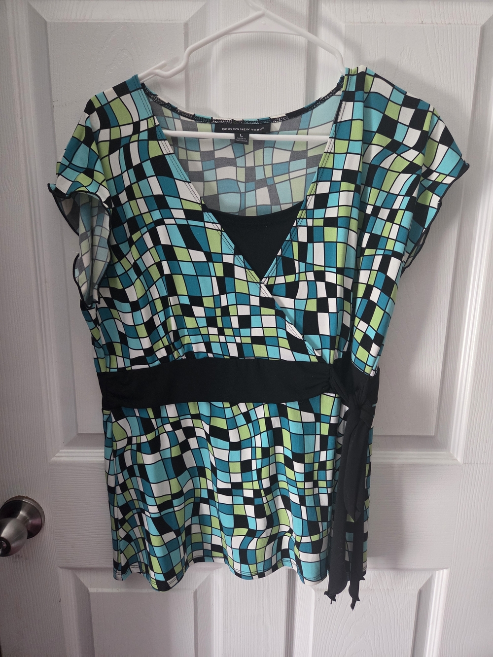 Briggs New York Blue, Teal & Black Geometric Faux-Wrap Tunic Top